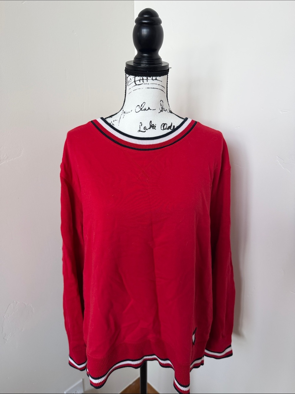 Tommy Hilfiger Red Crewneck Sweater with Striped Trim